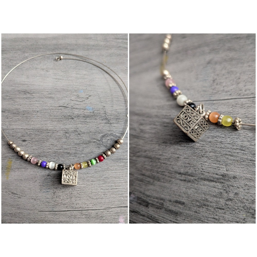 Live Love Laugh Charm Memory Wire Choker Necklace Multi Color Beads Silver Tone
